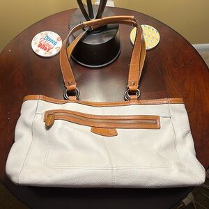 White leather coach bag, brown trim, silver hardware, small scuff shown in pic